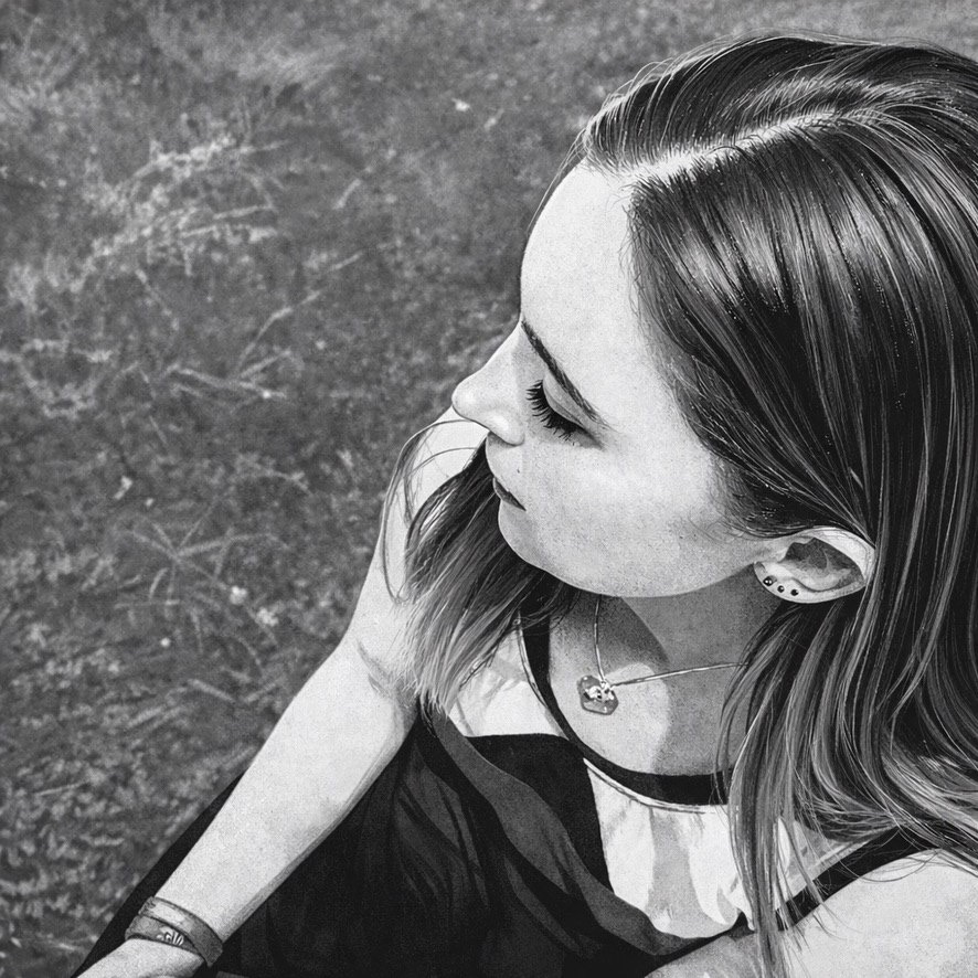 Black-and-white profile portrait of Trinity Locke.
